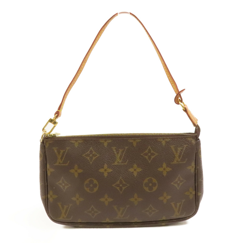 LOUIS VUITTON Monogram Pochette Accessoires金扣手挽袋棕色-1