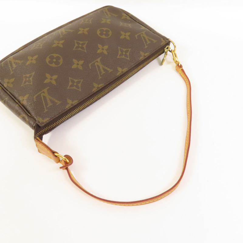 LOUIS VUITTON Monogram Pochette Accessoires金扣手挽袋棕色-4