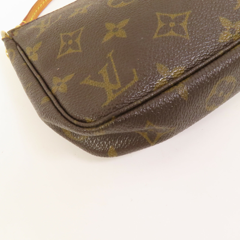 LOUIS VUITTON Monogram Pochette Accessoires金扣手挽袋棕色-10