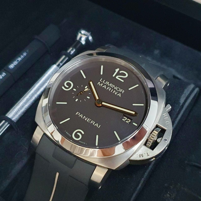 【大眾名錶】PANERAI沛納海 PAM00351 巧克力三明治面盤 2015/02 小秒針 龍頭護橋 代用膠帶 原廠扣 附原廠帶 G108-4