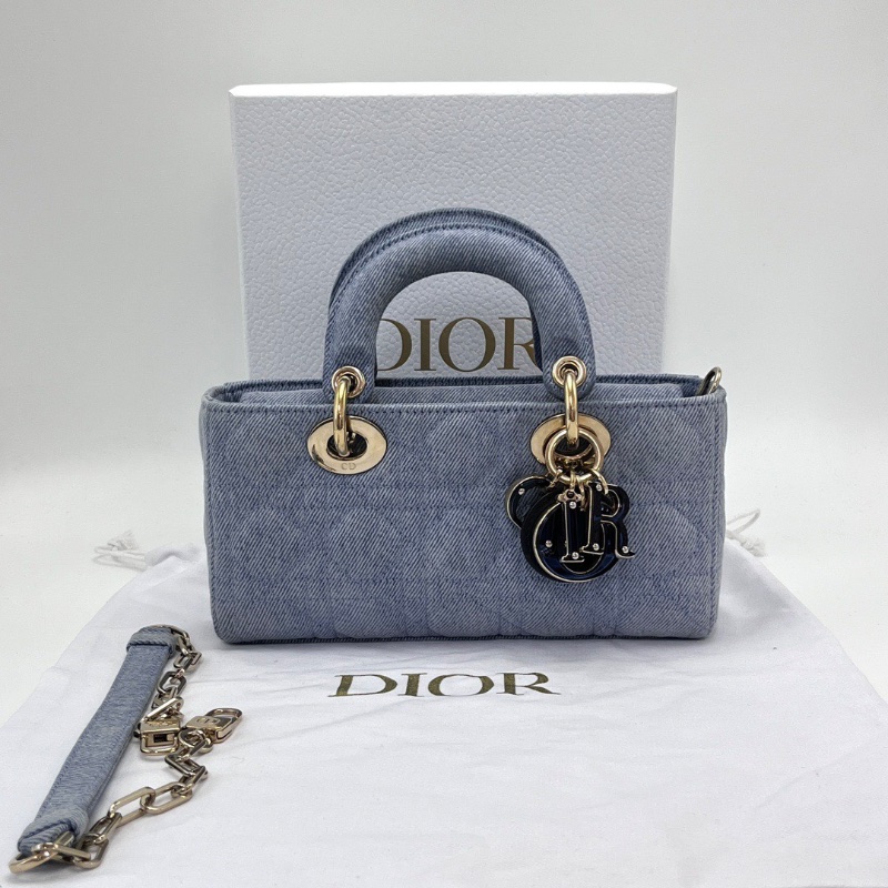 DIOR D-Joy橫版小號  藍色牛仔黛妃手提肩背包22*12*6 98新配件盒子塵袋-1