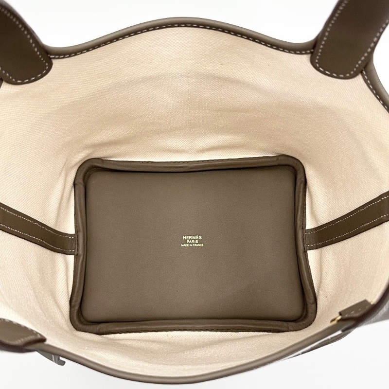 HERMES 大象灰拼米色帆布拼皮qcargo18菜籃子手提包18*18*13 全新閒置配件塵袋鎖鑰匙購證-2