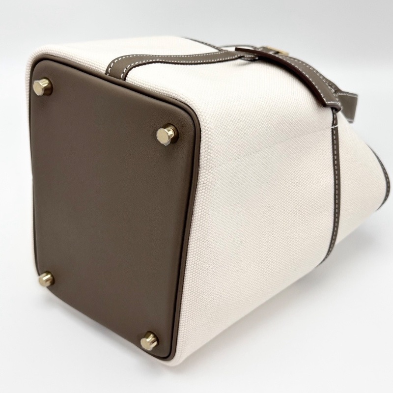 HERMES 大象灰拼米色帆布拼皮qcargo18菜籃子手提包18*18*13 全新閒置配件塵袋鎖鑰匙購證-3