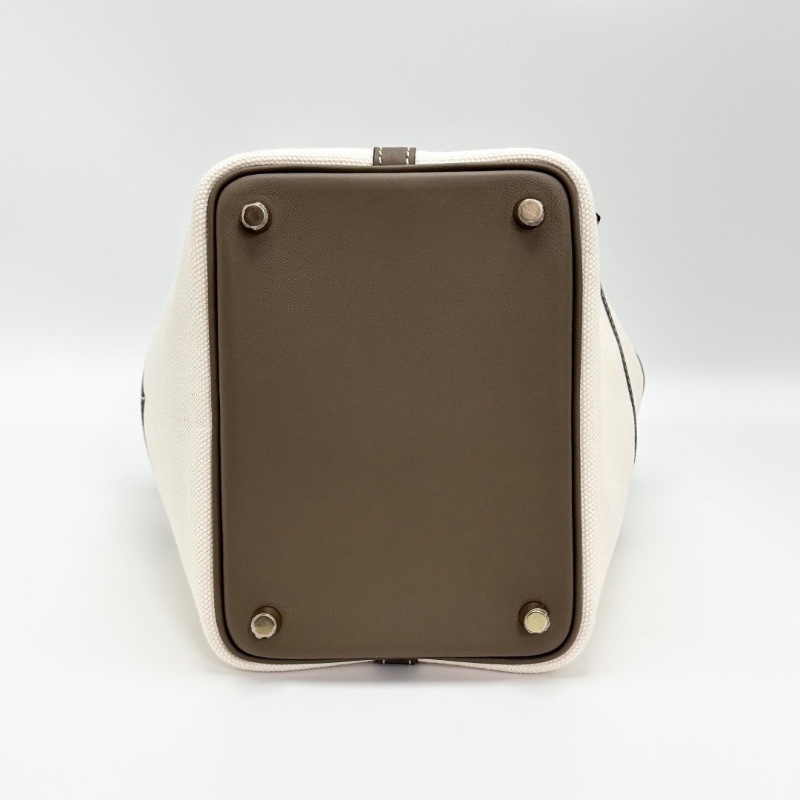 HERMES 大象灰拼米色帆布拼皮qcargo18菜籃子手提包18*18*13 全新閒置配件塵袋鎖鑰匙購證-4