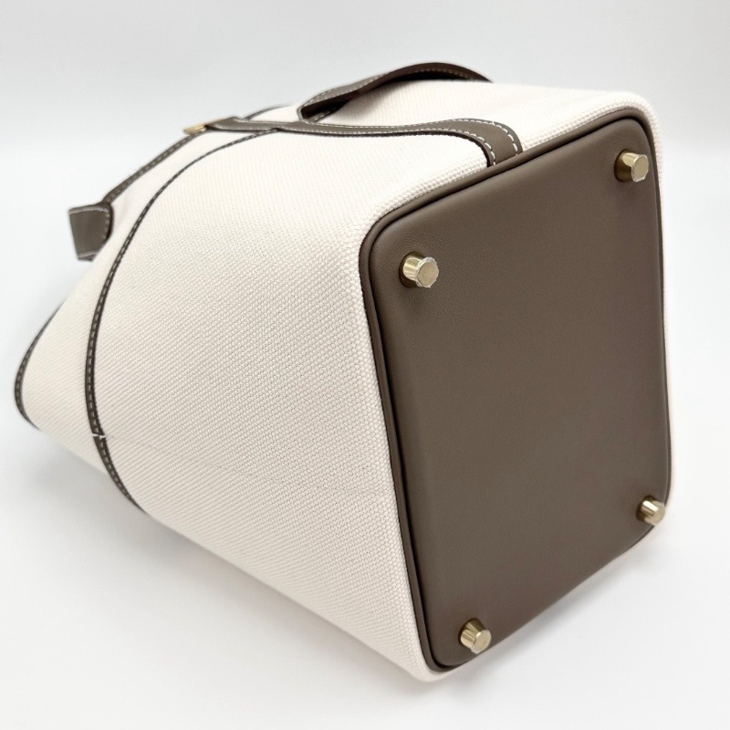 HERMES 大象灰拼米色帆布拼皮qcargo18菜籃子手提包18*18*13 全新閒置配件塵袋鎖鑰匙購證-5