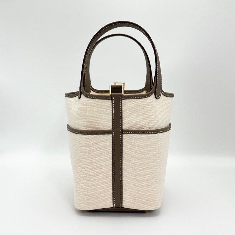 HERMES 大象灰拼米色帆布拼皮qcargo18菜籃子手提包18*18*13 全新閒置配件塵袋鎖鑰匙購證-6