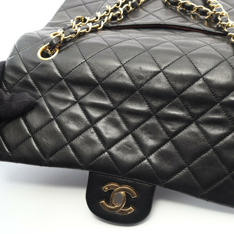 香奈兒 (CHANEL) Matelasse W 翻蓋單肩包，羊皮材質，黑色，二手，女士款，金色五金-9