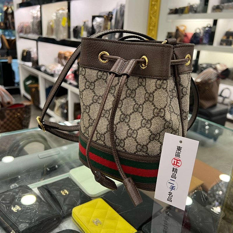 東區正精品㊣GUCCI 550620 MINI 咖啡色皮革PVC綠紅綠迷你束口水桶包斜背包 RZ4803-1