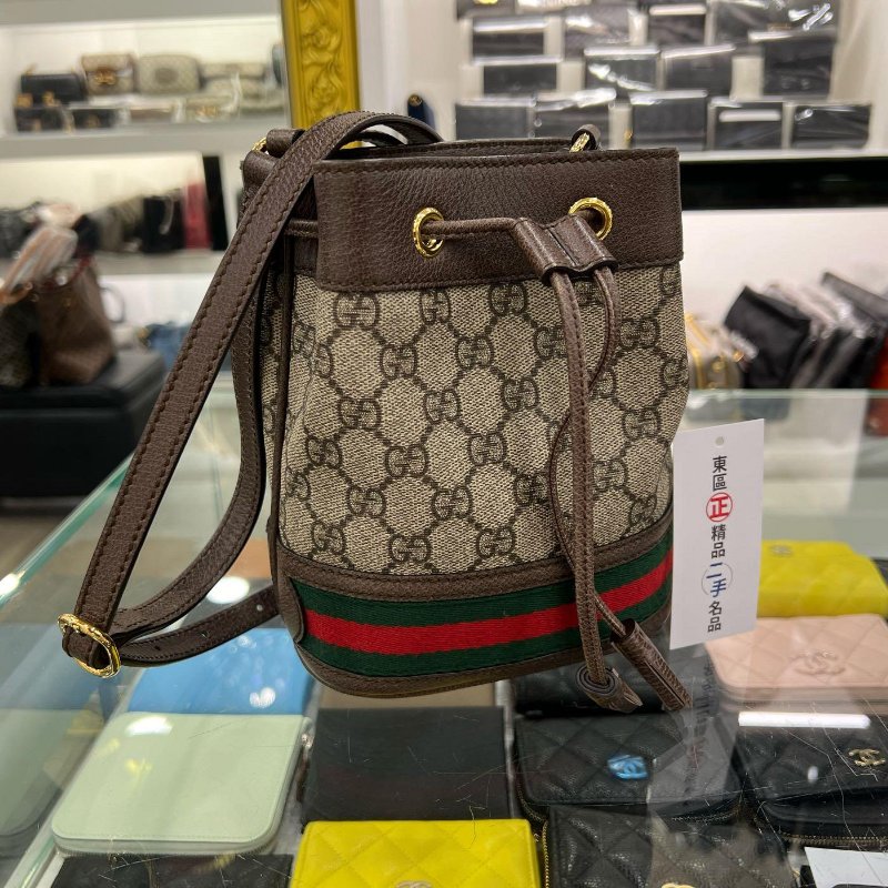 東區正精品㊣GUCCI 550620 MINI 咖啡色皮革PVC綠紅綠迷你束口水桶包斜背包 RZ4803-2