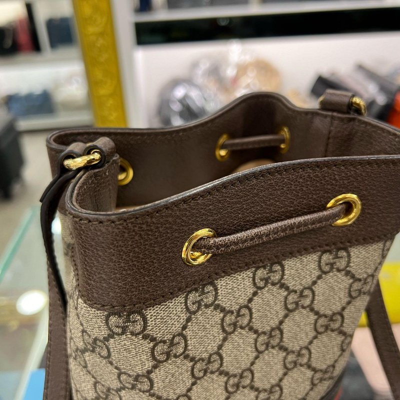 東區正精品㊣GUCCI 550620 MINI 咖啡色皮革PVC綠紅綠迷你束口水桶包斜背包 RZ4803-6