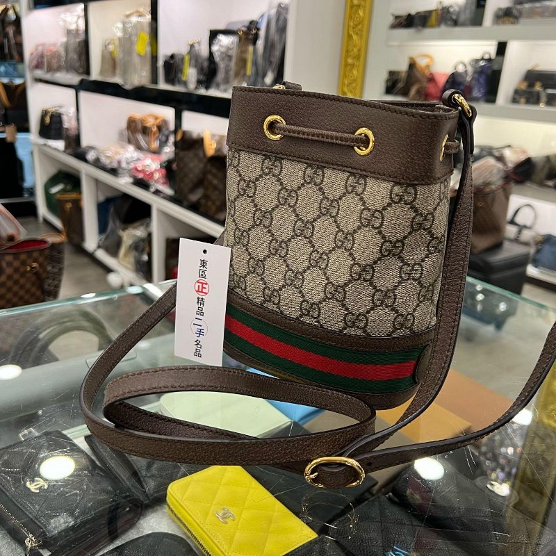 東區正精品㊣GUCCI 550620 MINI 咖啡色皮革PVC綠紅綠迷你束口水桶包斜背包 RZ4803-7