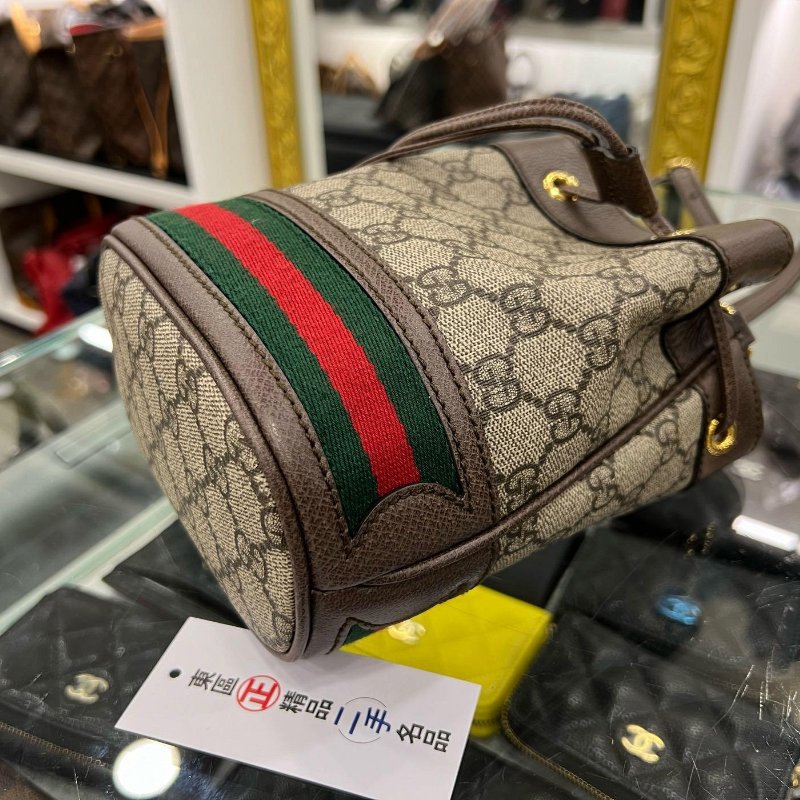東區正精品㊣GUCCI 550620 MINI 咖啡色皮革PVC綠紅綠迷你束口水桶包斜背包 RZ4803-8