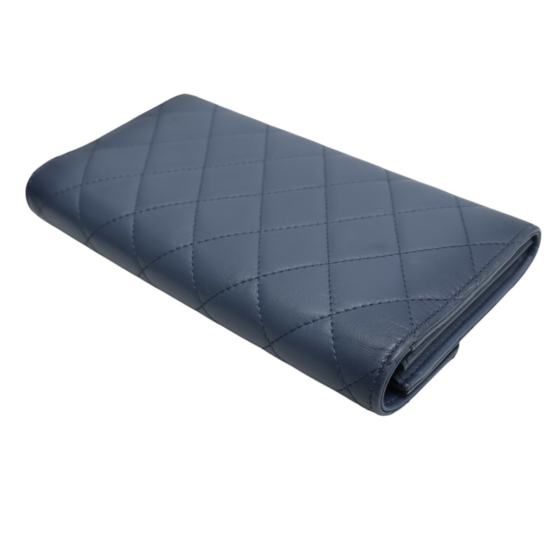 藍色 菱格紋 羊皮 金扣 扣式長夾【CHANEL 香奈兒】-3