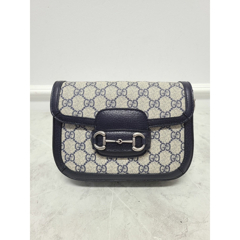 【包稅】GUCCI 藍色米色 GG Supreme 馬銜扣迷你單肩包-0