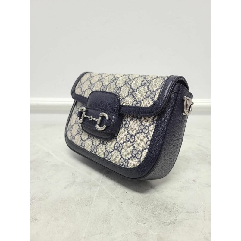 【包稅】GUCCI 藍色米色 GG Supreme 馬銜扣迷你單肩包-1
