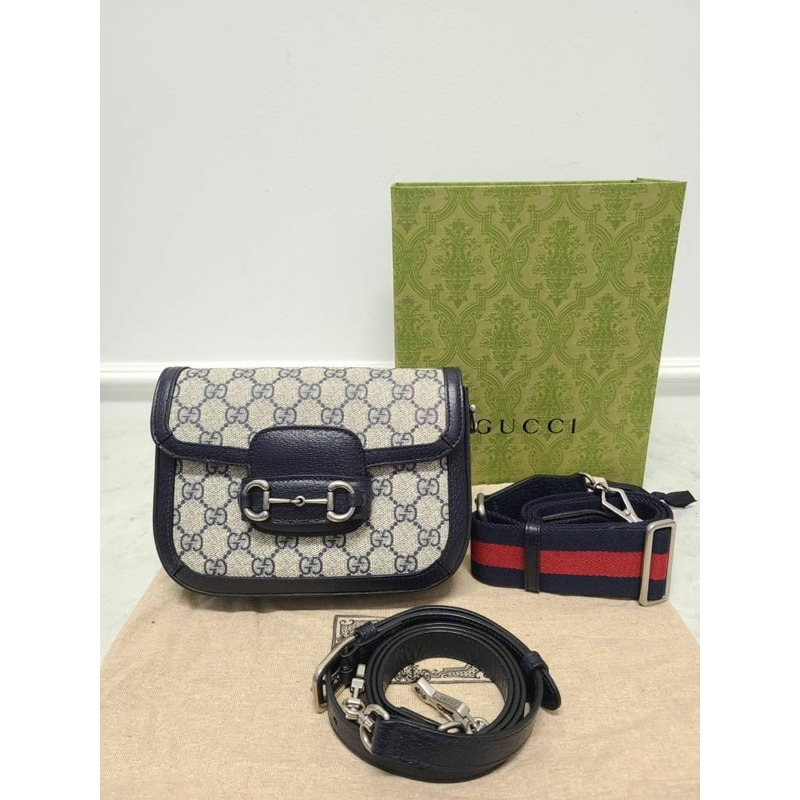 【包稅】GUCCI 藍色米色 GG Supreme 馬銜扣迷你單肩包-7