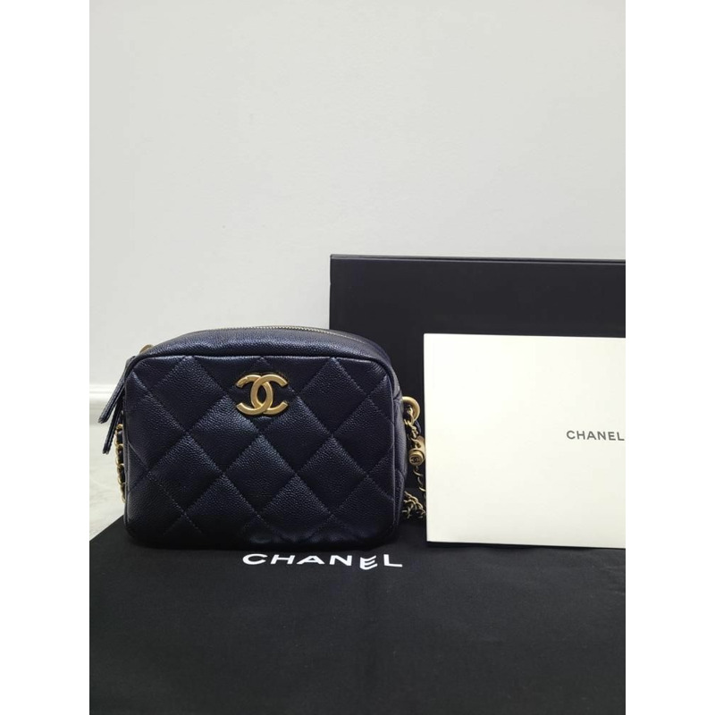 【包稅】CHANEL 海軍藍魚子醬復古金我的完美相機包帶芯片-7