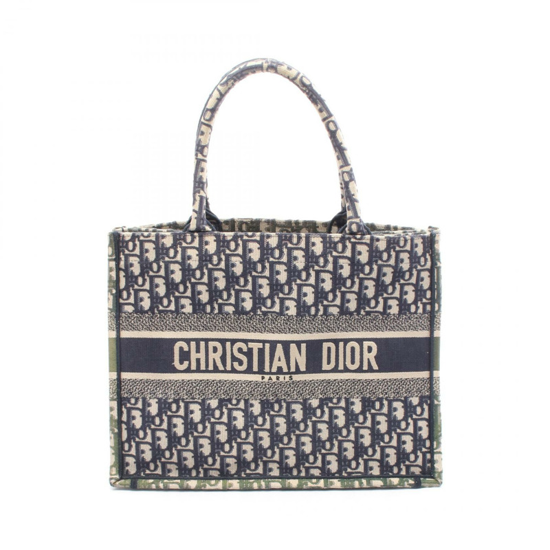 Dior BOOK TOTE 中型 Oblique 帆布手提包，海軍藍/米色，二手，女士，帶標誌-0