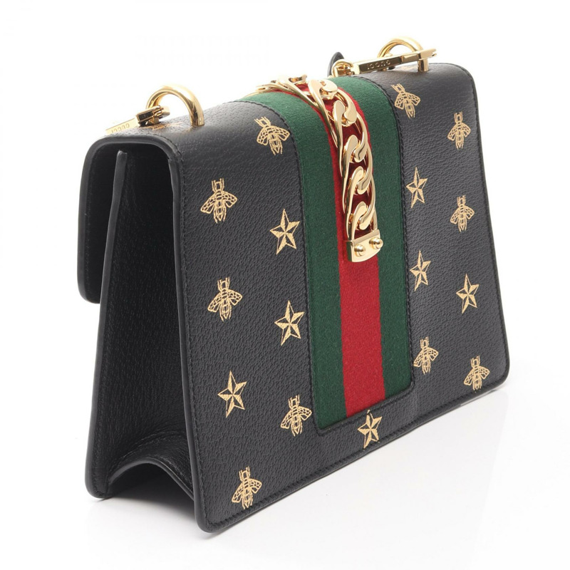 GUCCI Sylvie Shelley Line Bee Star 單肩斜背包 524405 黑色皮革-1
