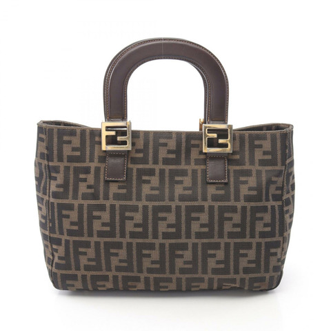 FENDI Zucca 手提包，棕色帆布皮革，二手女款
