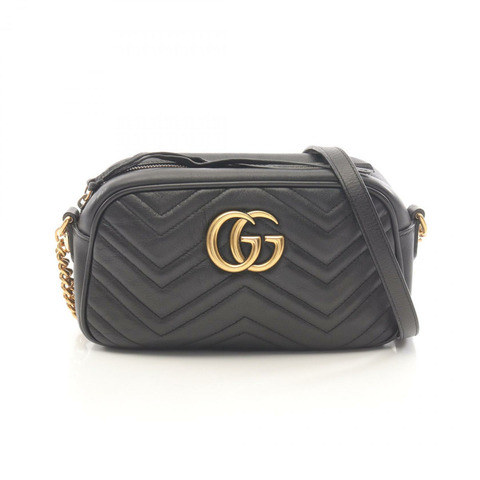 GUCCI GG Marmont 鏈條單肩斜背包 447632 黑色皮革 二手 女士