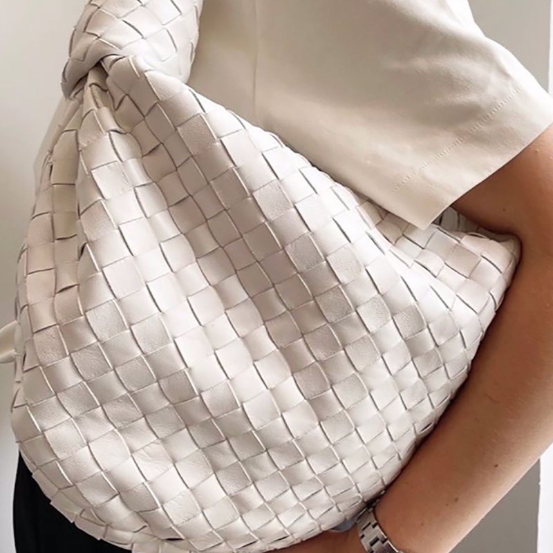 柔軟小羊皮 中古 BV包 鬆弛感 Bottega Veneta Jodie Medium 粉筆白 編織皮革 /側背/手提 最大尺寸 White-8