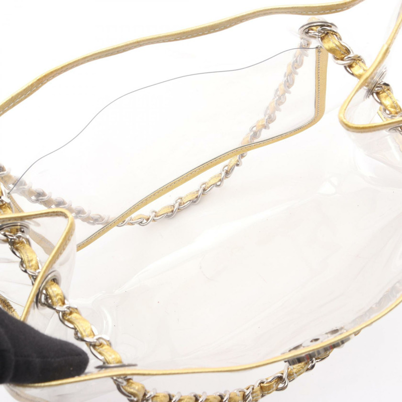 香奈兒 COCO 標誌鏈條單肩背包，塑膠皮革，透明金色五金，二手-2