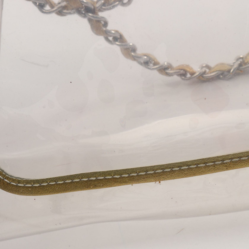 香奈兒 COCO 標誌鏈條單肩背包，塑膠皮革，透明金色五金，二手-6