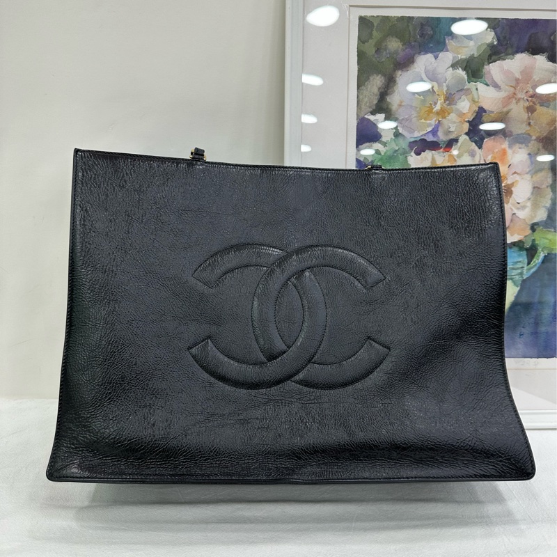 Chanel/香奈兒新版油蠟皮tote托特單肩包 30開 經典黑金配色➕橫版包型 百搭大容量 休閒通勤兩不誤隨意背 尺寸：37*25*10cm-1
