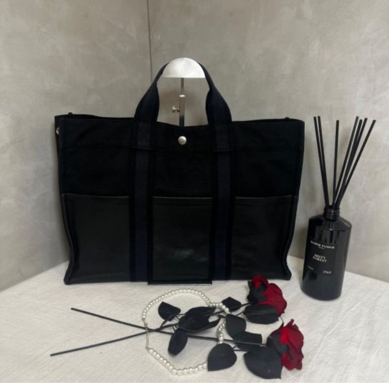Hermès 黑色帆布拼皮革手提包-0