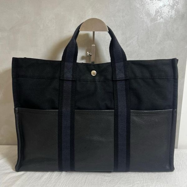 Hermès 黑色帆布拼皮革手提包-6
