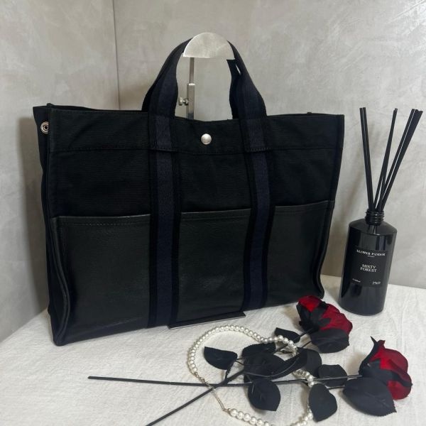 Hermès 黑色帆布拼皮革手提包-12