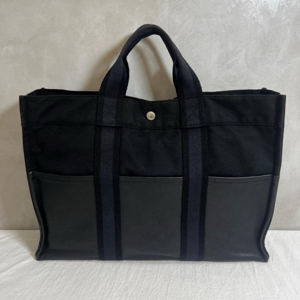 Hermès 黑色帆布拼皮革手提包-17