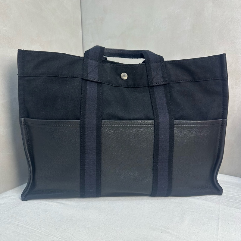 Hermès 黑色帆布拼皮革手提包-3