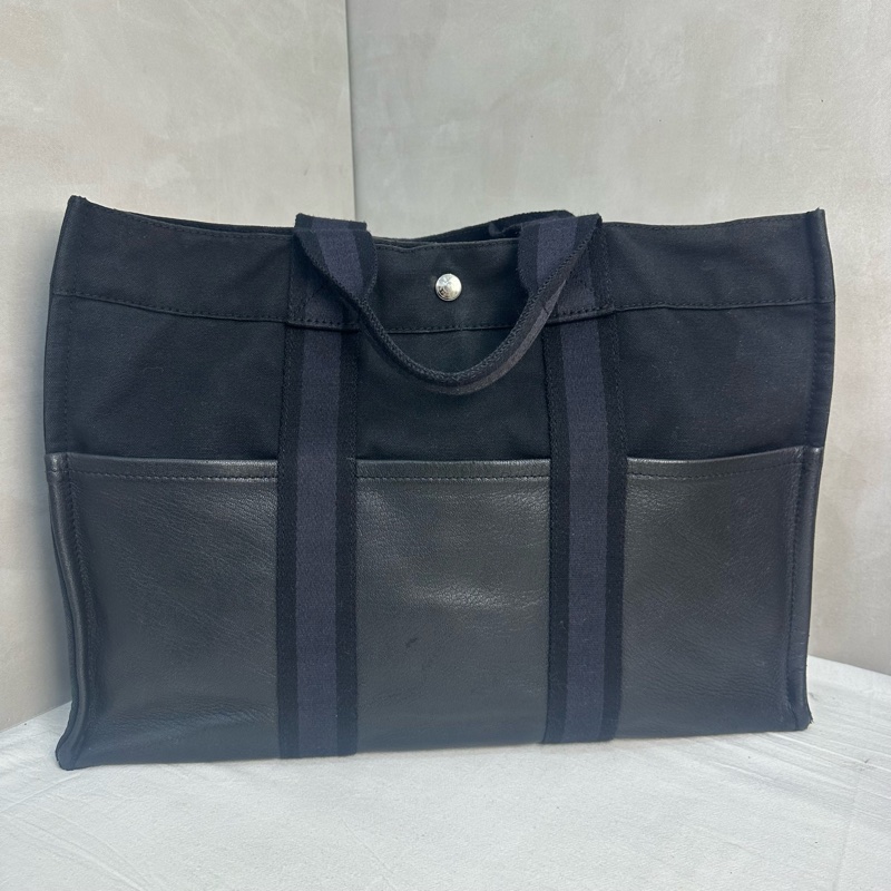 Hermès 黑色帆布拼皮革手提包-4