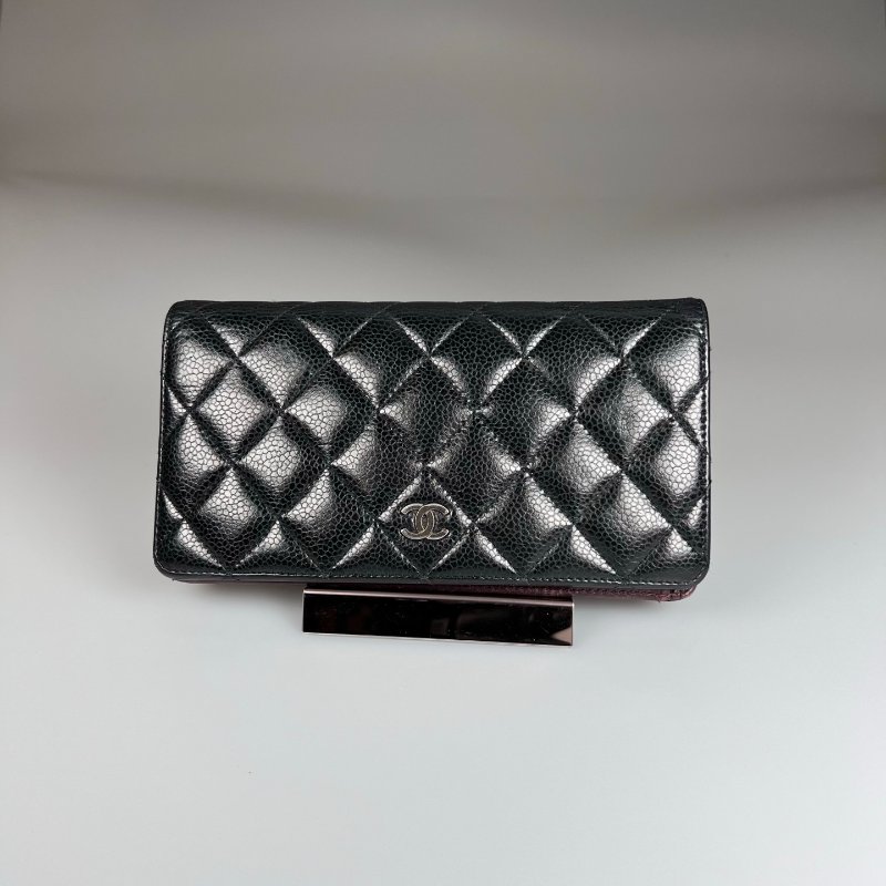 CHANEL CF菱格紋對開長夾 黑銀 17開-0