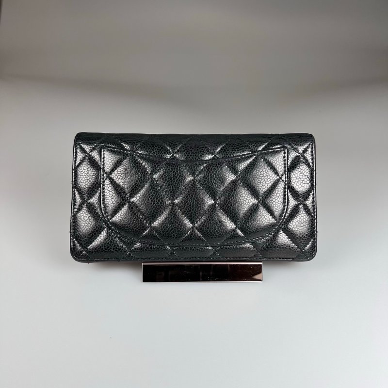 CHANEL CF菱格紋對開長夾 黑銀 17開-1