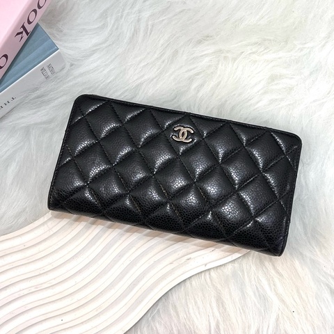 CHANEL CF菱格紋對開長夾 黑銀 17開