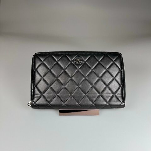 CHANEL 菱格紋ㄇ拉萬用夾 黑銀 15開