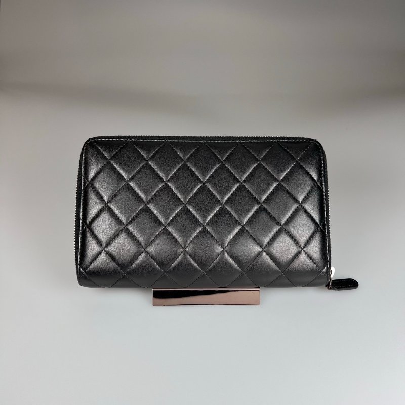 CHANEL 菱格紋ㄇ拉萬用夾 黑銀 15開-1