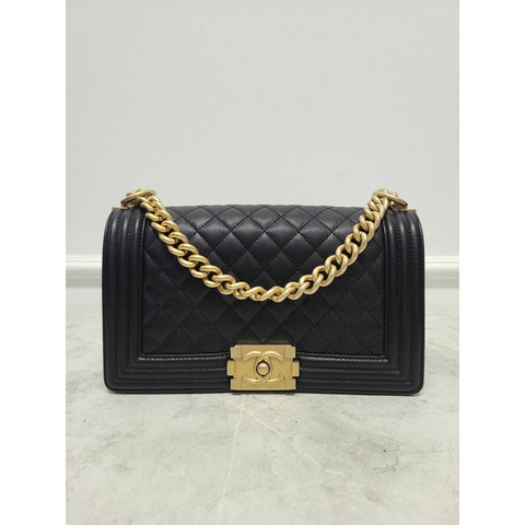 【包稅】CHANEL 黑色魚子醬復古金色Boy包，中30系列