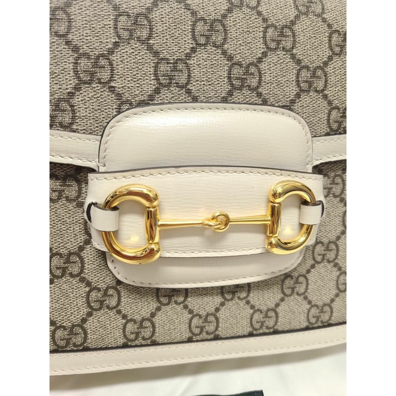 【包稅】GUCCI 白色皮革 GG Supreme 馬銜扣單肩包-3
