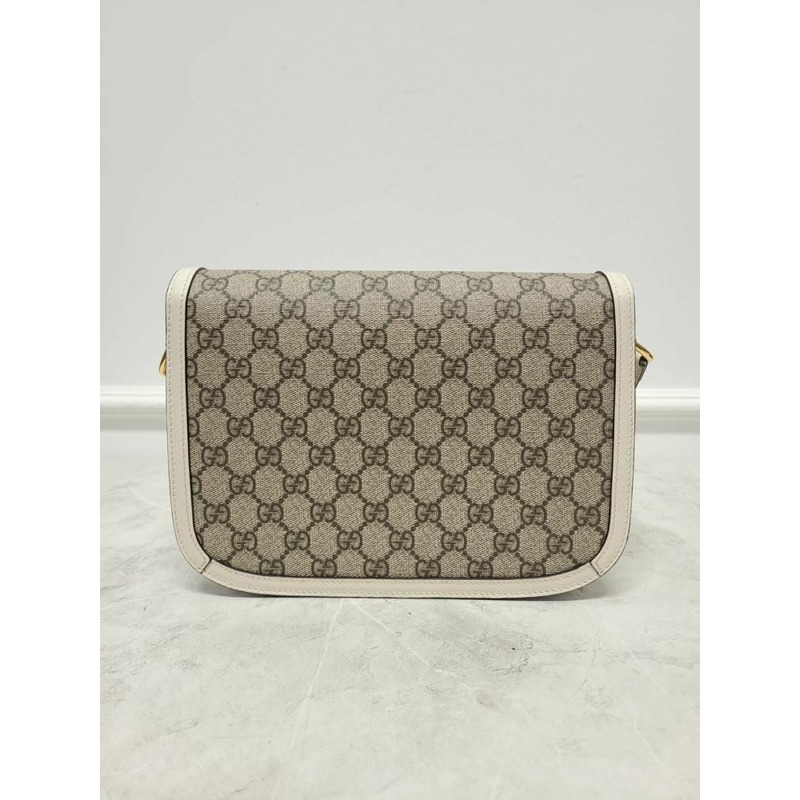 【包稅】GUCCI 白色皮革 GG Supreme 馬銜扣單肩包-5