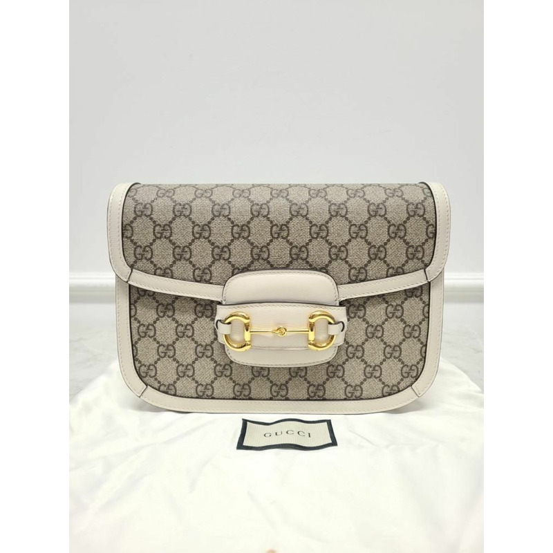 【包稅】GUCCI 白色皮革 GG Supreme 馬銜扣單肩包-7