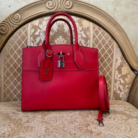 LV 寶石紅牛皮銀釦City Steamer PM手提斜背包M51030