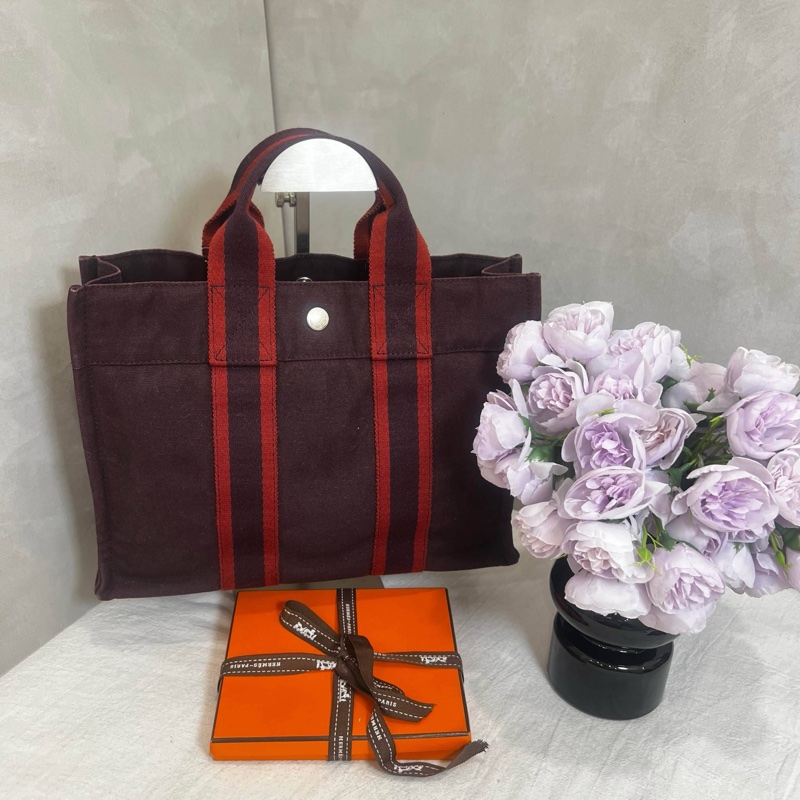 Hermès 酒紅中號帆布手袋-0