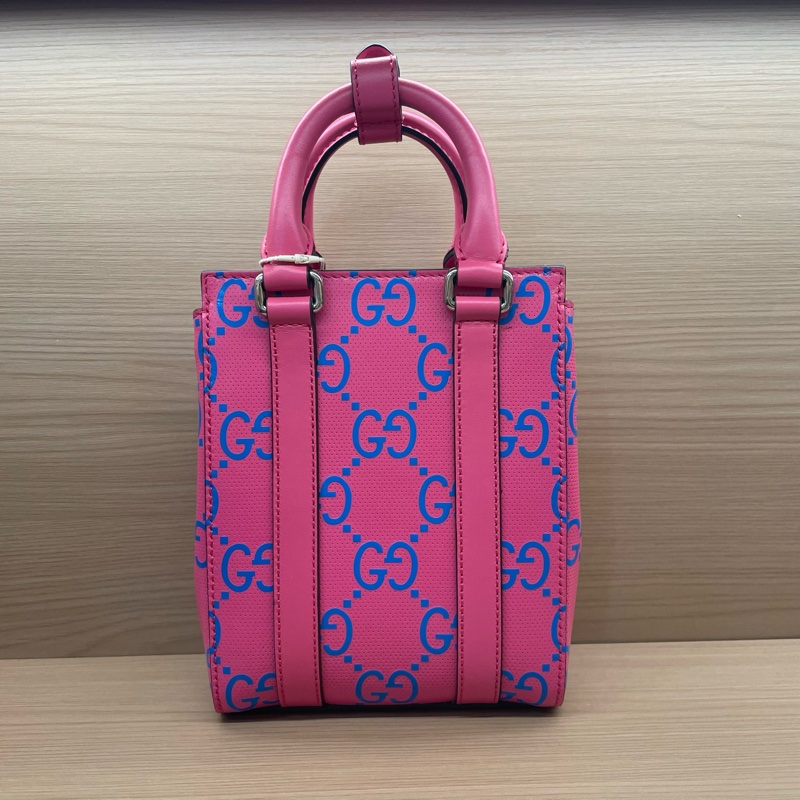 Gucci满Logo粉色GG迷你tote手袋 带宽肩带可以斜挎 多种背法 牛皮材质-0