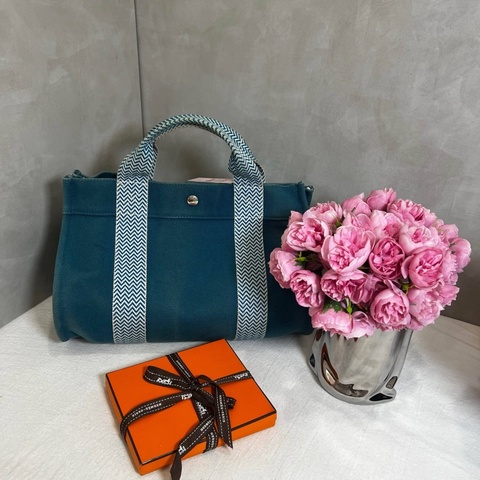 Hermès 中古藍色帆布圓桶手提袋