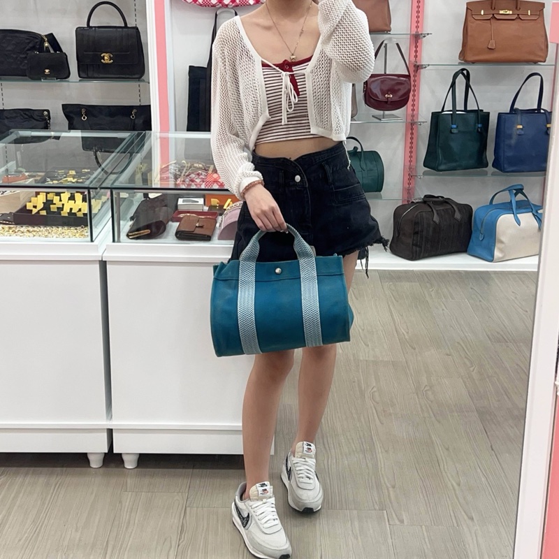 Hermès 中古藍色帆布圓桶手提袋-1