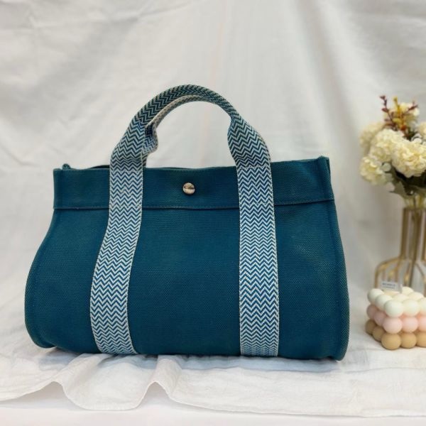 Hermès 中古藍色帆布圓桶手提袋-3
